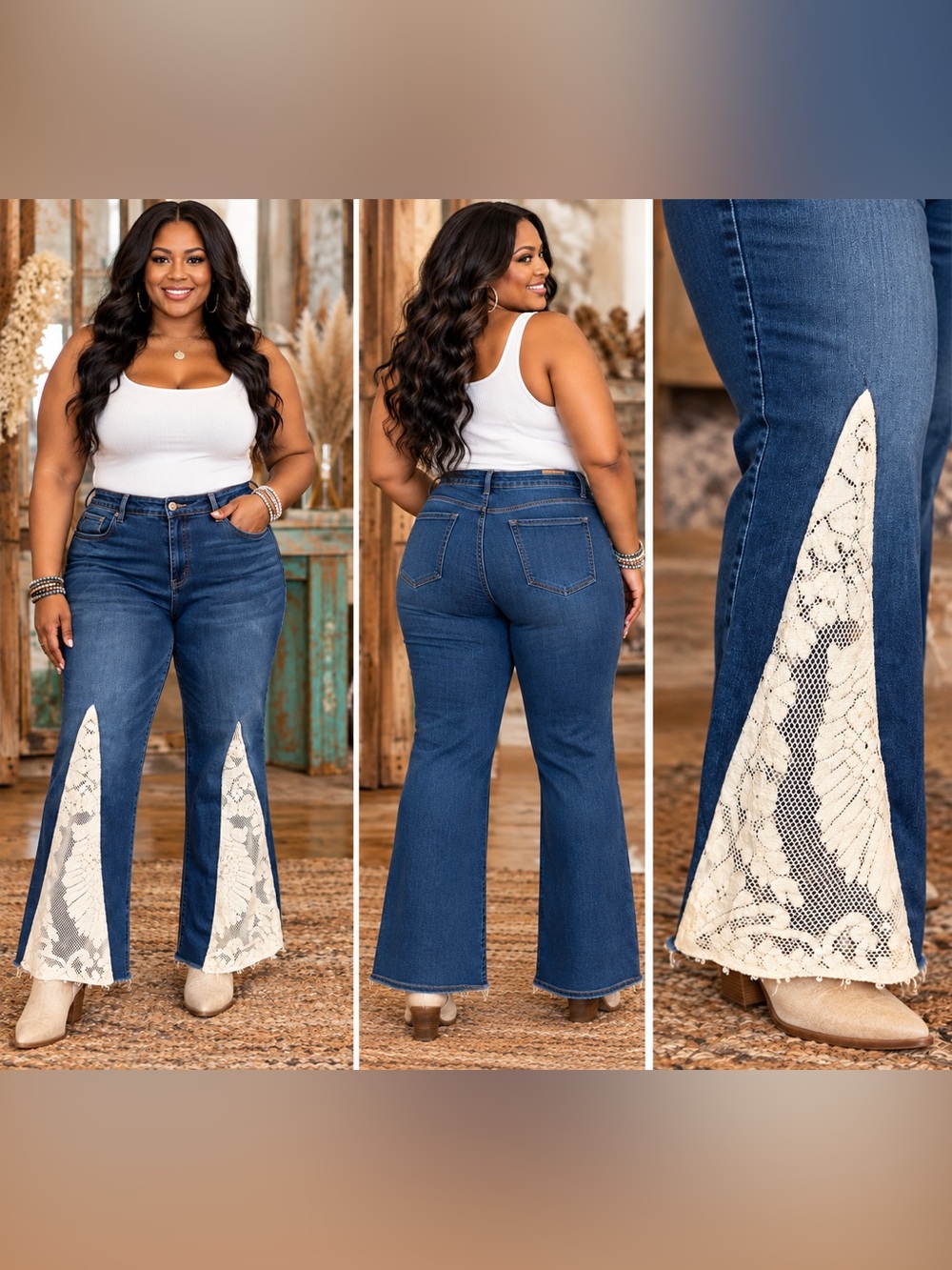 Upcycled High-Rise Lace-Panel Flare Jeans